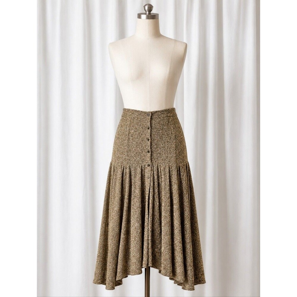 LUCE Asymmetrical Gold Metallic Button Front Center Split Drop Waist Full Skirt